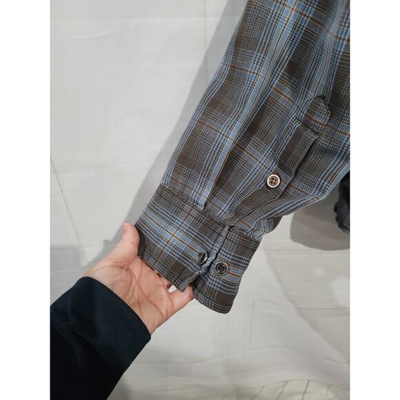 Prana Mens SZ XX Large Button Up Shirt FLAWED Plaid Brown Blue Long Sleeve - Picture 5 of 12
